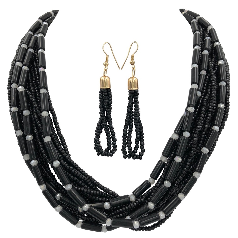 Black Layered Seed Bead Necklace & Earrings Set